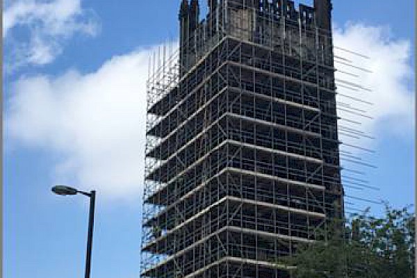 Why is Manchester Cathedral tower is covered in scaffolding?